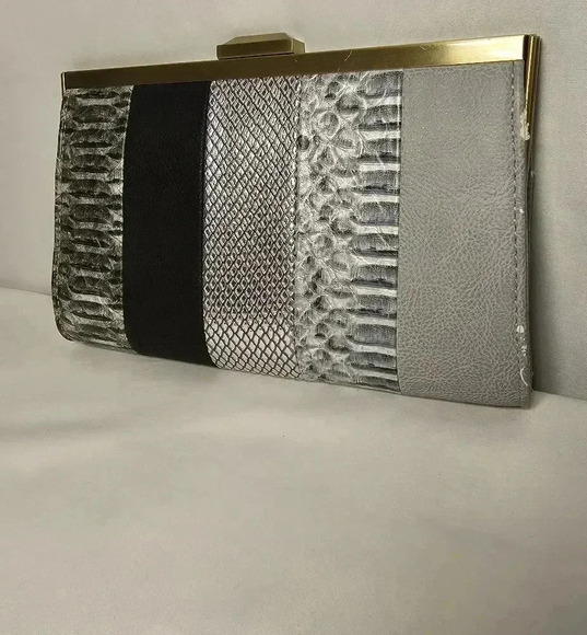 Rachel Roy Grey Silver Black Animal Print Brushed Nickle Clutch Bag - Picture 1 of 8